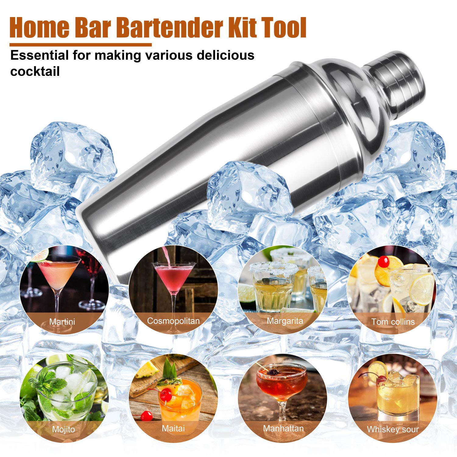 Esmula Bartender Kit with Stylish Bamboo Stand, 12 Piece 25oz Cocktail Shaker Set for Mixed Drink, Professional Stainless Steel Bar Tool Set, Gift for Man Dad- Cocktail Recipes Booklet (Silver) - Image 3