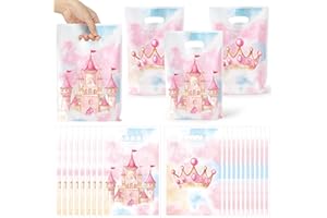K1tpde 50PCS Watercolor Princess Party Favor Bags, Pink Princess Castle Theme Plastic Goodie Gift Bags Bulk with Handle for Girl, Watercolor Pastel Castle Fairytale Party Decorations Birthday Supplies