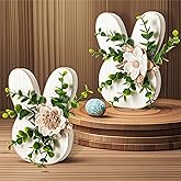 Sfcddtlg 2 Pcs Easter Bunny Wooden Decor with Flowers, Rustic Bunny Table Signs, Farmhouse Rabbit Shape Wood Centerpiece for Easter Spring Party Tabletop Decor