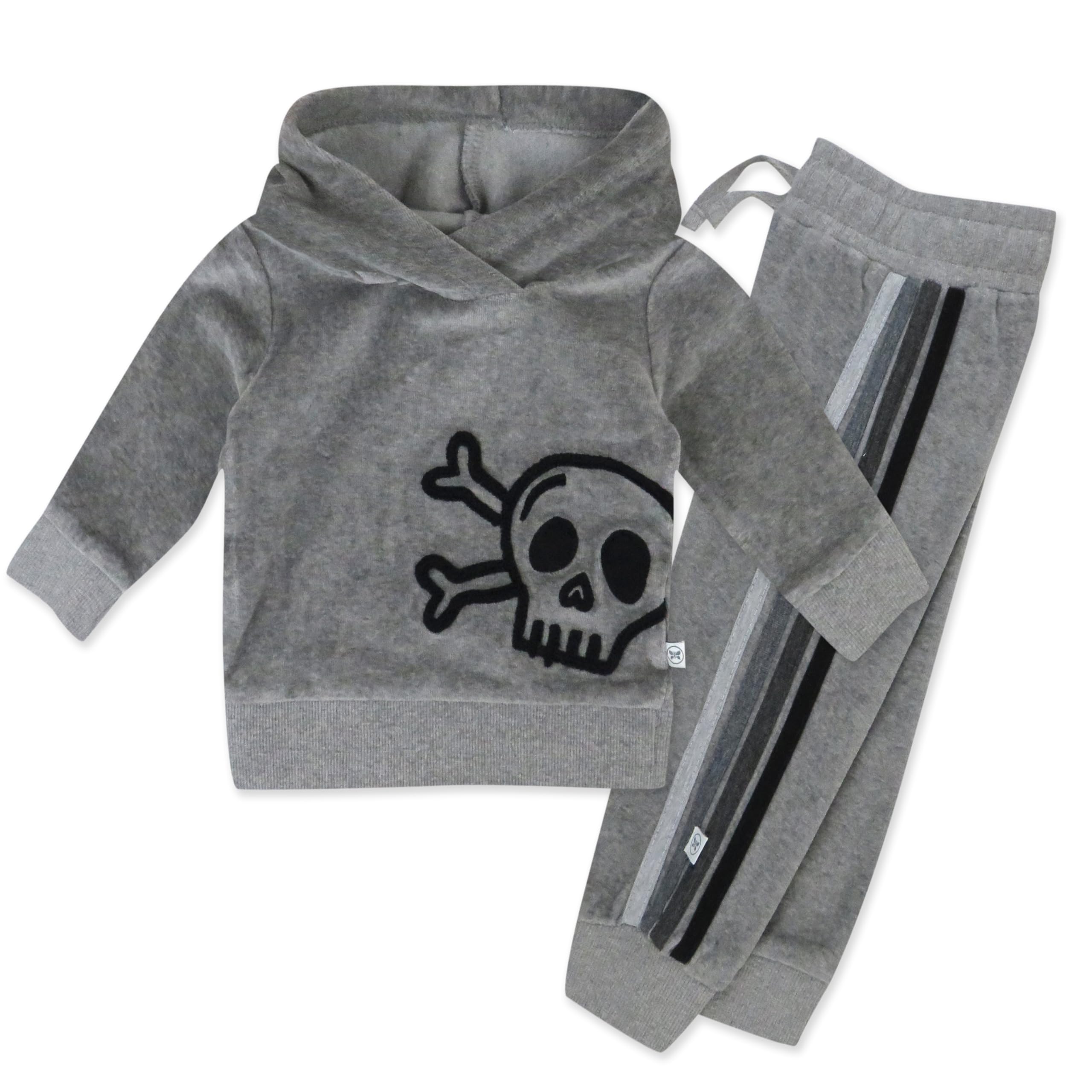 HonestBaby Velour Pullover Hoodie and Zip Front Sweatshirt and Jogger Sweatpants Set Baby, Toddler, Boys, Girls, Unisex, Heather Gray Skull Stripe, 3T