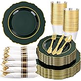 Liacere 350PCS Green Plastic Plates - Dark Green Disposable Plates With Gold Rim - 50Guest Baroque Plastic Dinnerware include 100Plates-50Pcs Pre Rolled Napkins with Silverware 50Cups for Christmas
