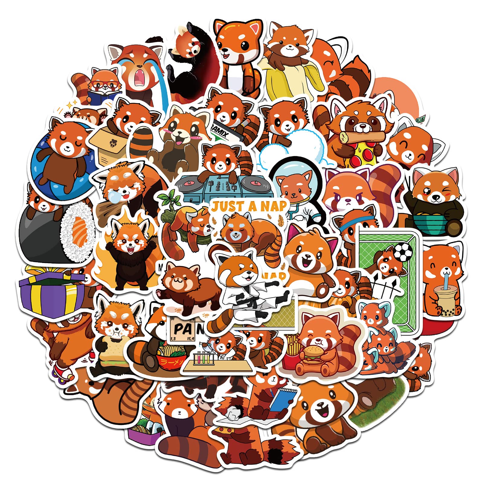 Cute Red Panda Stickers 50 pcs Waterproof Cartoon for Water Bottle, Laptop, Car, Motorcycle, Bicycle, Skateboard, Luggage, Scrapbook, Phone - Vinyl Raccoon Stickers for Teens Children