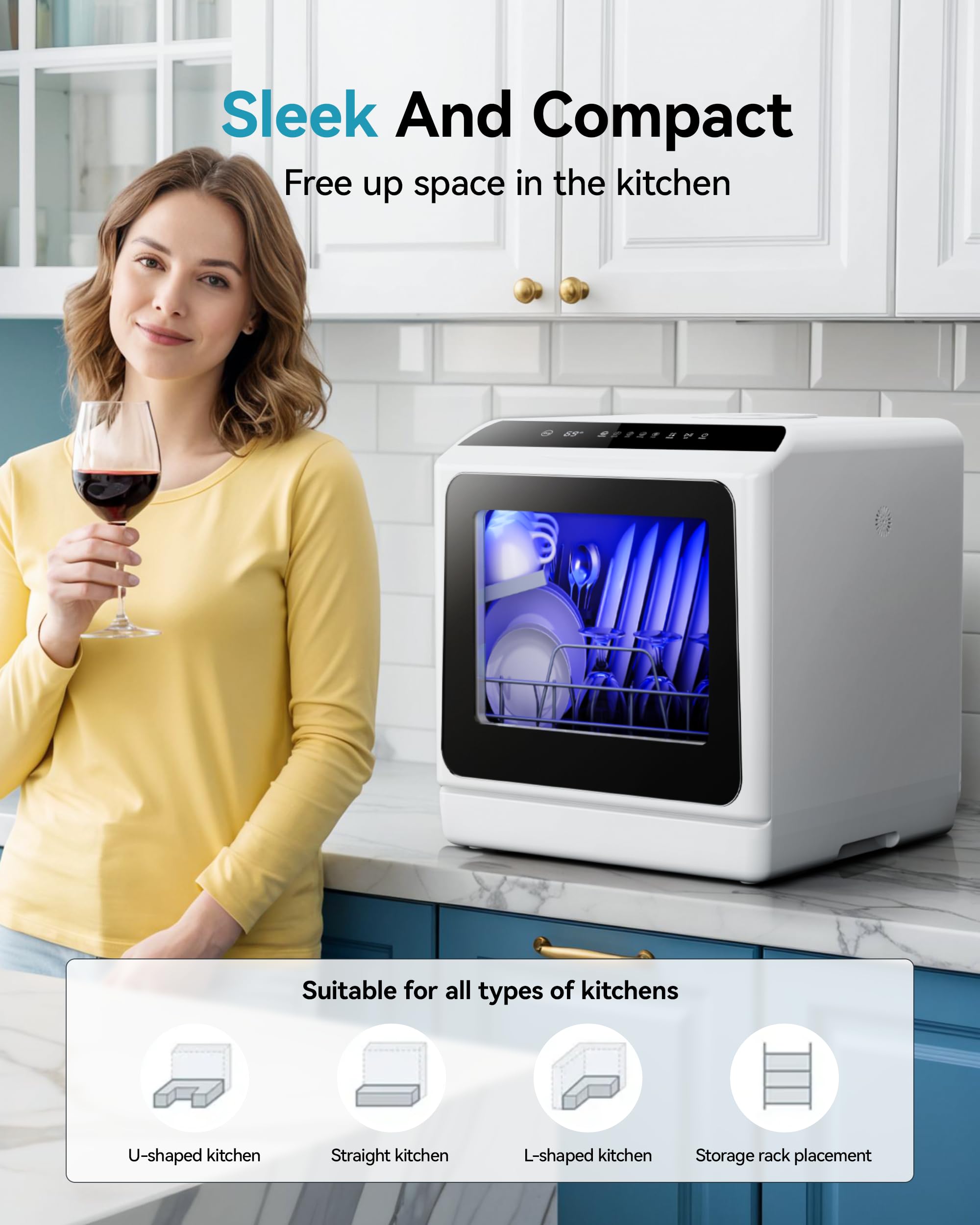 EUHOMY 6 Programs Countertop Dishwasher, 5L Built-in Water Tank& Inlet Hose, Portable Mini Dishwashers for Small Apartments, Dorms and RVs,High-Temp& Air-Dry Function, No Hookup Needed, Black