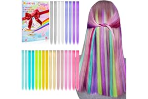 Kyerivs 24PCS Colored Extensions - 20Inch Clip In Rainbow Straight Hairpieces for Girls Age 5-14 - Temporary Color Accessories, Easter Basket Stuffer for Kids Teens