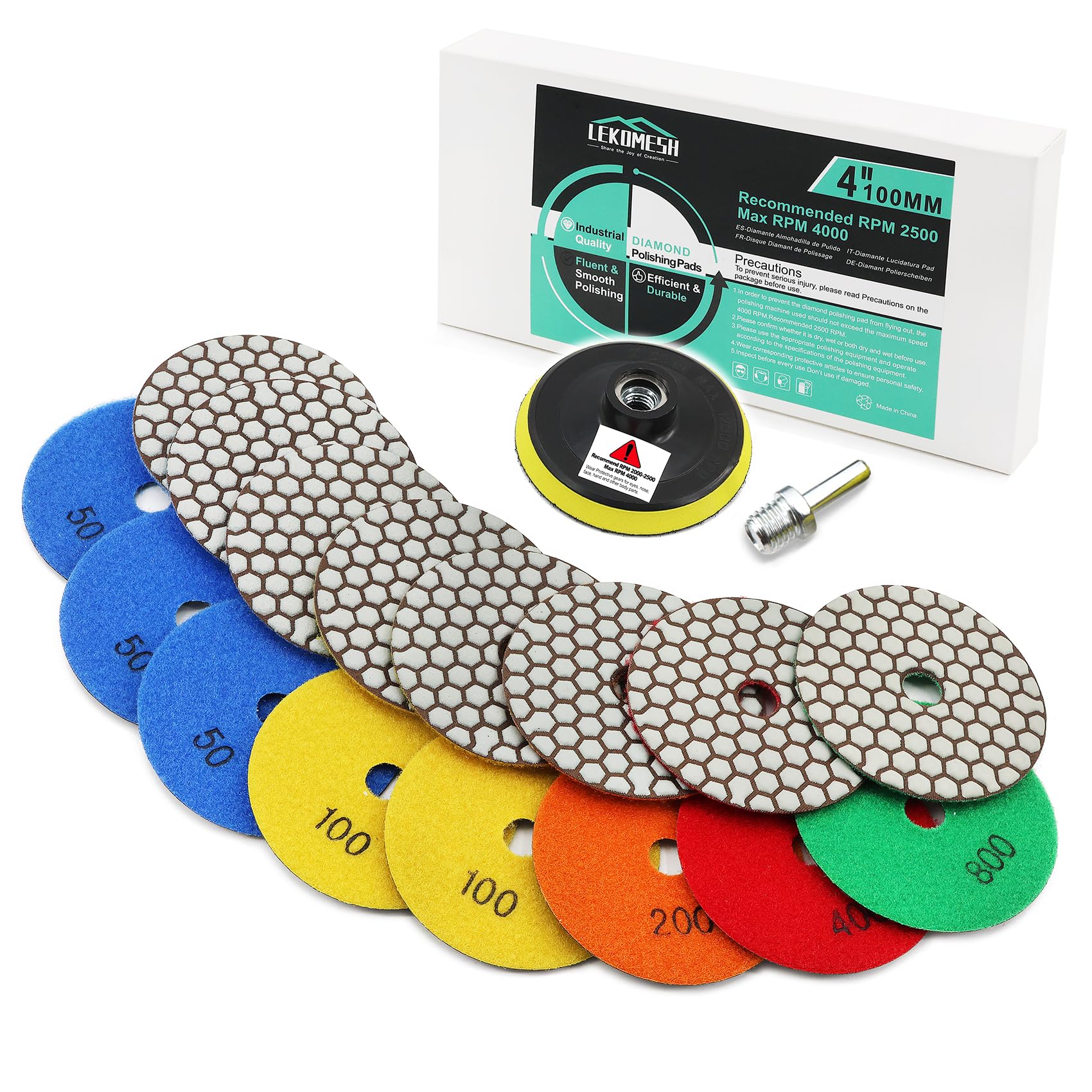 Diamond Dry Polishing Pad LEKOMESH - 8pcs 4 Inch(#50 * 3/100x2/200/400/800) + M14 Backer Pad + M14 Round Shank Adapter,Dry Polishing Wheel Set for Granite Marble Artificial Stone Quartz