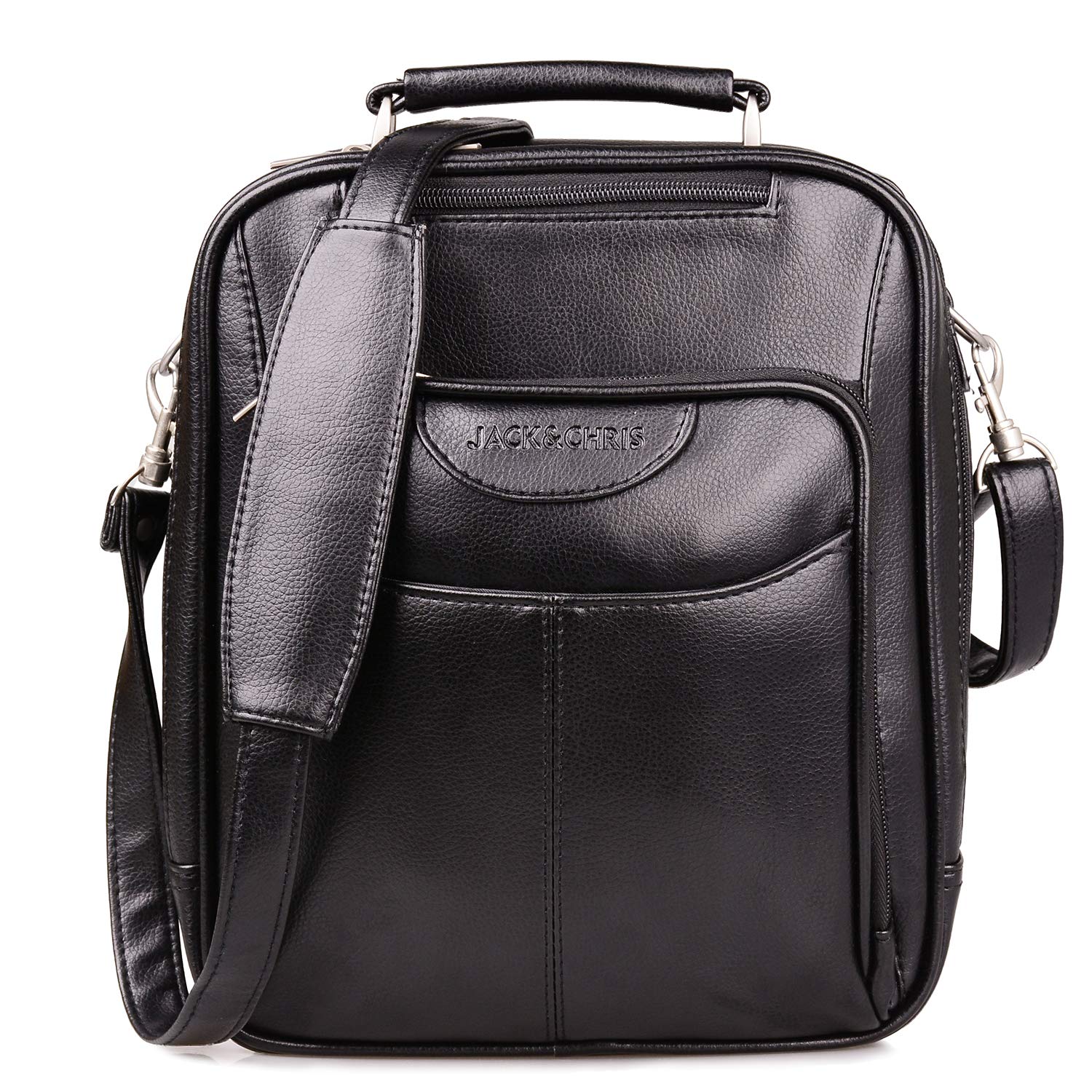 Jack&Chris Mens PU Leather Crossbody Single-Shoulder Briefcase Messenger Handbag (Black 019)