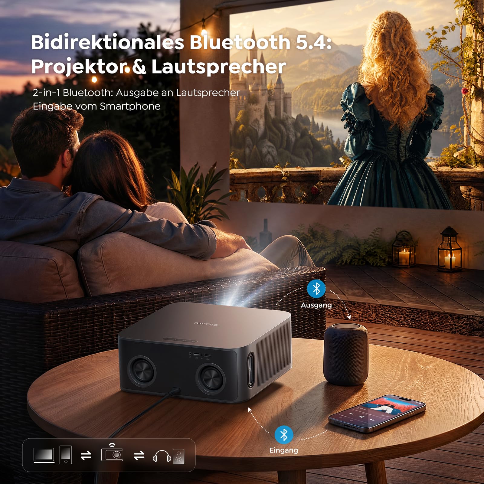 Beamer 4K [Schnellste VIDAA OS] Kompatibel mit Netflix, Dolby Audio & HDR10, 2000ANSI Smart Beamer Heimkino Autofokus Trapezkorrektur, Outdoor Projektor mit App Sprachsteuerung, WLAN/Bluetooth/Handy 8