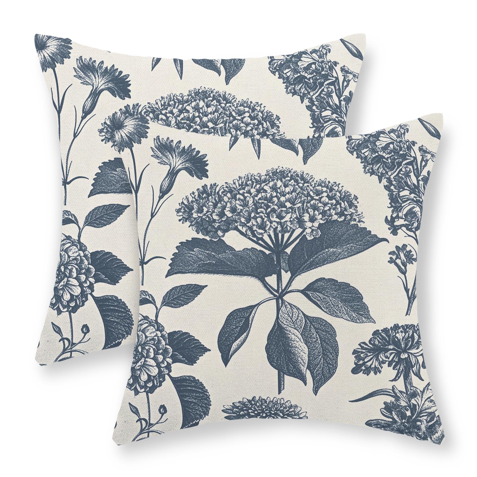 GOLIANDA Blue Pillow Covers 20x20 Set of 2 Vintage Boho Floral Hydrangea Herbs Botanical Throw Pillow Cover Outdoor Flower Decoration Pillowcase Linen Farmhouse Cushion Case Decorative for Couch Sofa