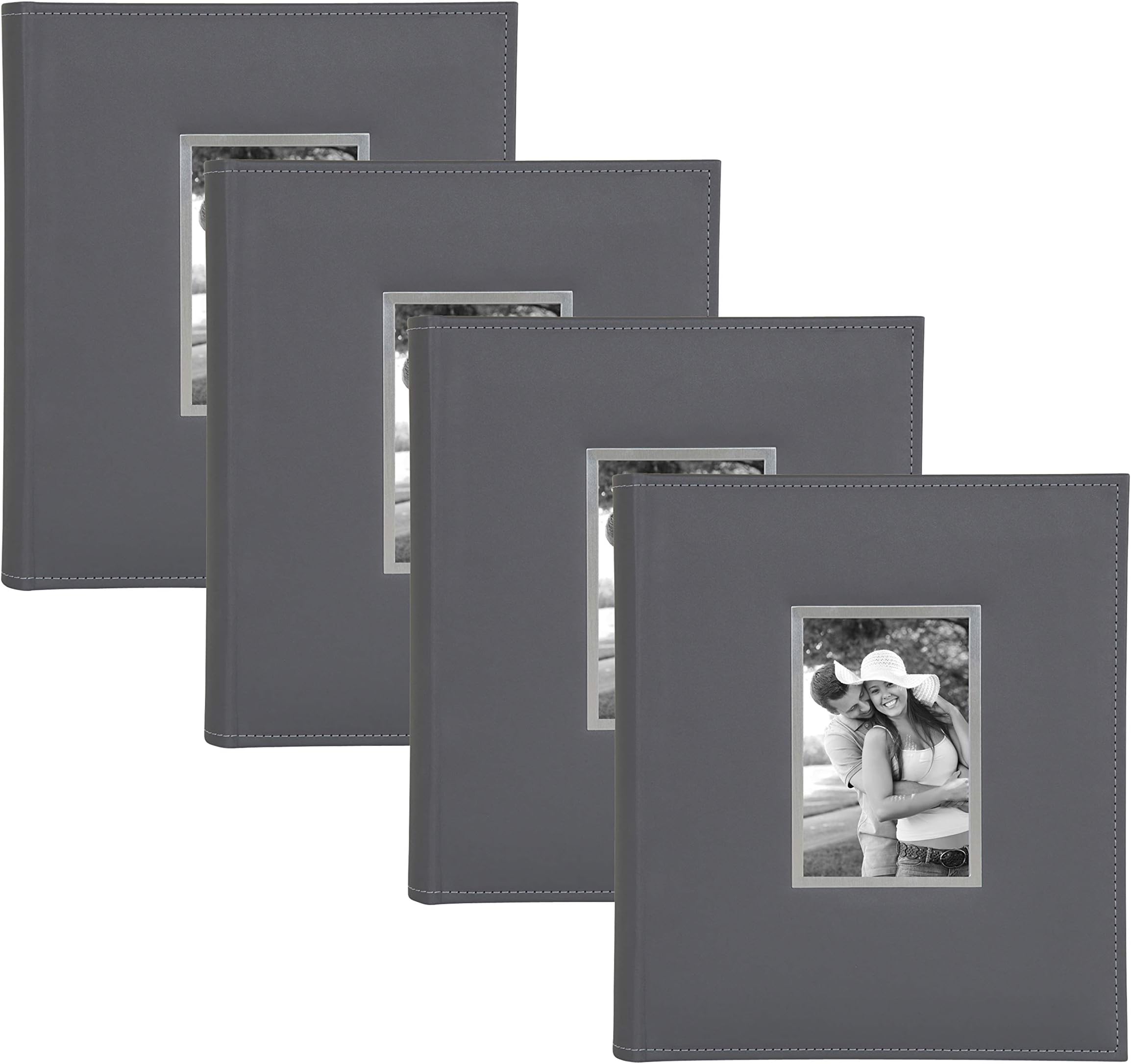 DesignOvation Sleek Faux Leather Photo Album with Metal Framed Photo Display Opening, Holds 440 4x6 Photos, Gray, Set of 4