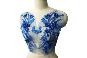 MUMAYA Lace Fabric 3D Flower Patches Tassel Beads Rhinestone Embroidered Wedding Gown Appliques Sew Patch for Dress DIY Decor 2 Pcs (Blue)
