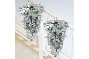 FineCheer 2 Pcs Christmas Teardrop Swags for Front Door 22 Inch Artificial Pine Swag Sliver White Mailbox Swag Decoration for Xmas Door Stair Window Fireplace Wall Shelf Hanging Decor(Frost)