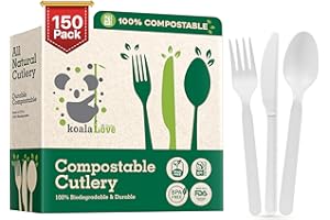 KOALA LOVE 100% Compostable cutlery knives forks spoons 150 Large Disposable Biodegradable Compostable Utensils Durable HeavyDuty Silverware heat resistant alternative to plastic with convenient tray 150pc 7inch