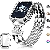 Youthrun Magnetic Band Compatible with Apple Watch 38mm 40mm 41mm 42mm 44mm 45mm 46mm Stainless Steel Metal Strap with Bling Case and Built-in Screen Protector, Dressy Milanese Loop iWatch Bands for Women