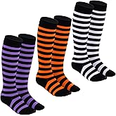 Dxhycc 3 Pairs Halloween Striped Knee High Socks Cotton Long Stripe Witch Socks for Girls Boys Halloween Christmas Party