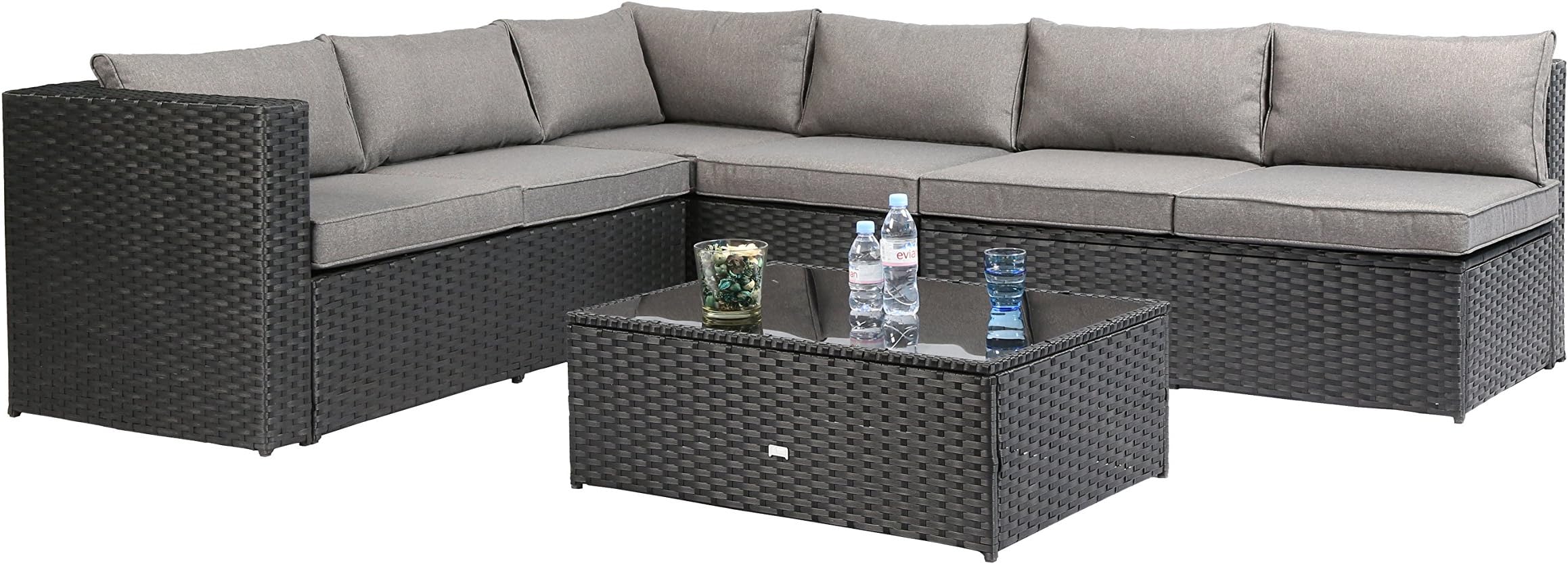 Baner Garden K86-BL NAT PE Wicker Sectional Sofa Set, 6-Seater, Black