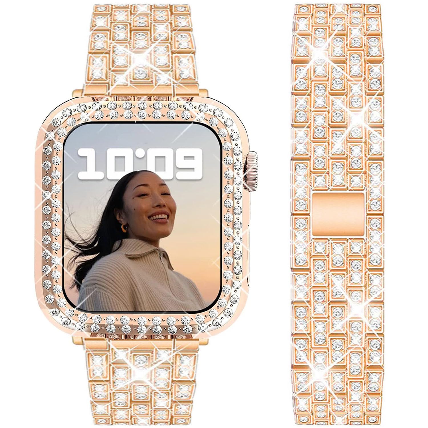 DEALELE Bands and Case Compatible with Apple Watch Series 9/8 / 7 (45mm), Bling Rhinestone Diamond Metal Strap with Protective Case Cover Replacement for iWatch 45mm Women Men (Rose gold)