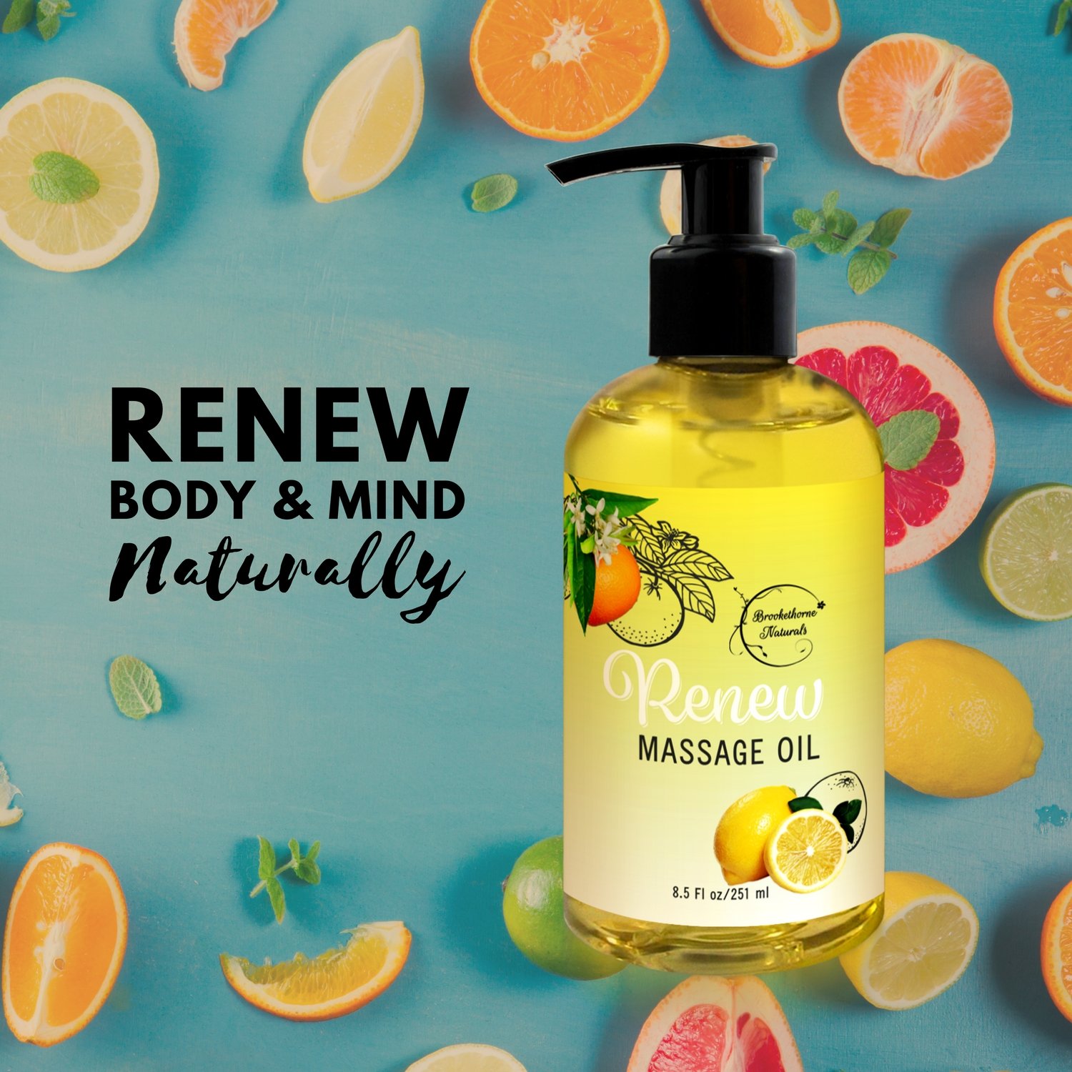 Renew Massage Oil with Orange, Lemon & Peppermint Essential Oils - Great for Massage Therapy or Home use. Ideal for Full Body – with Almond, Grapeseed & Jojoba Oils – By Brookethorne Naturals : Beauty