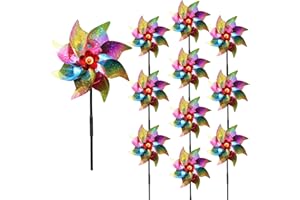 JREMREO 10 Pieces 21 Inches Rainbow Reflective Pinwheels with Stakes Windmill Wind Spinners Outdoor for Yard Garden Lawn Farm Decor Bird Repellent, Large Plastic Foil Pin Wheels for Birds Animal Deterrent