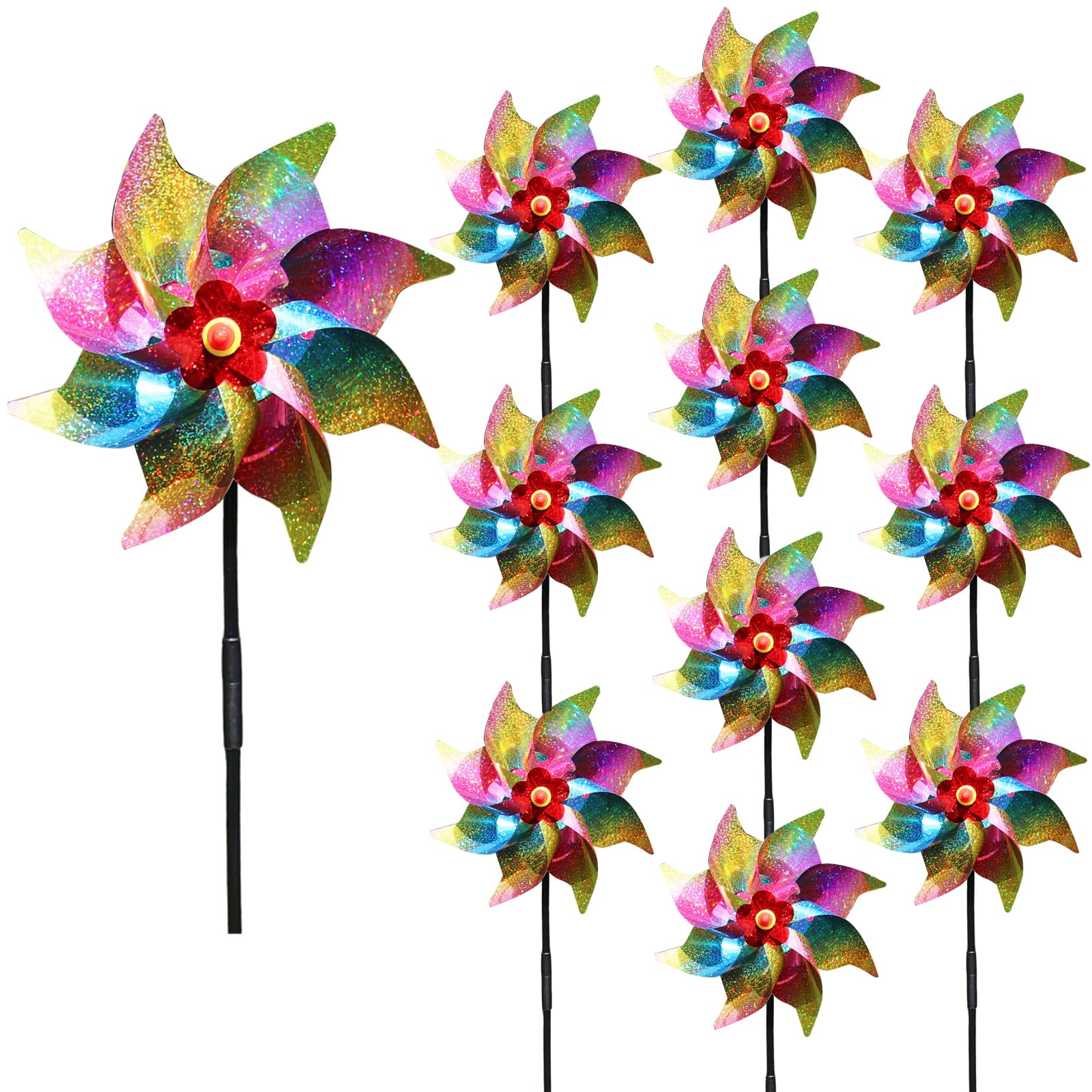 Photo 1 of 10 Pieces 21 Inches Rainbow Reflective Pinwheels with Stakes Windmill Wind Spinners Outdoor for Yard Garden Lawn Farm Decor Bird Repellent, Large Plastic Foil Pin Wheels for Birds Animal Deterrent