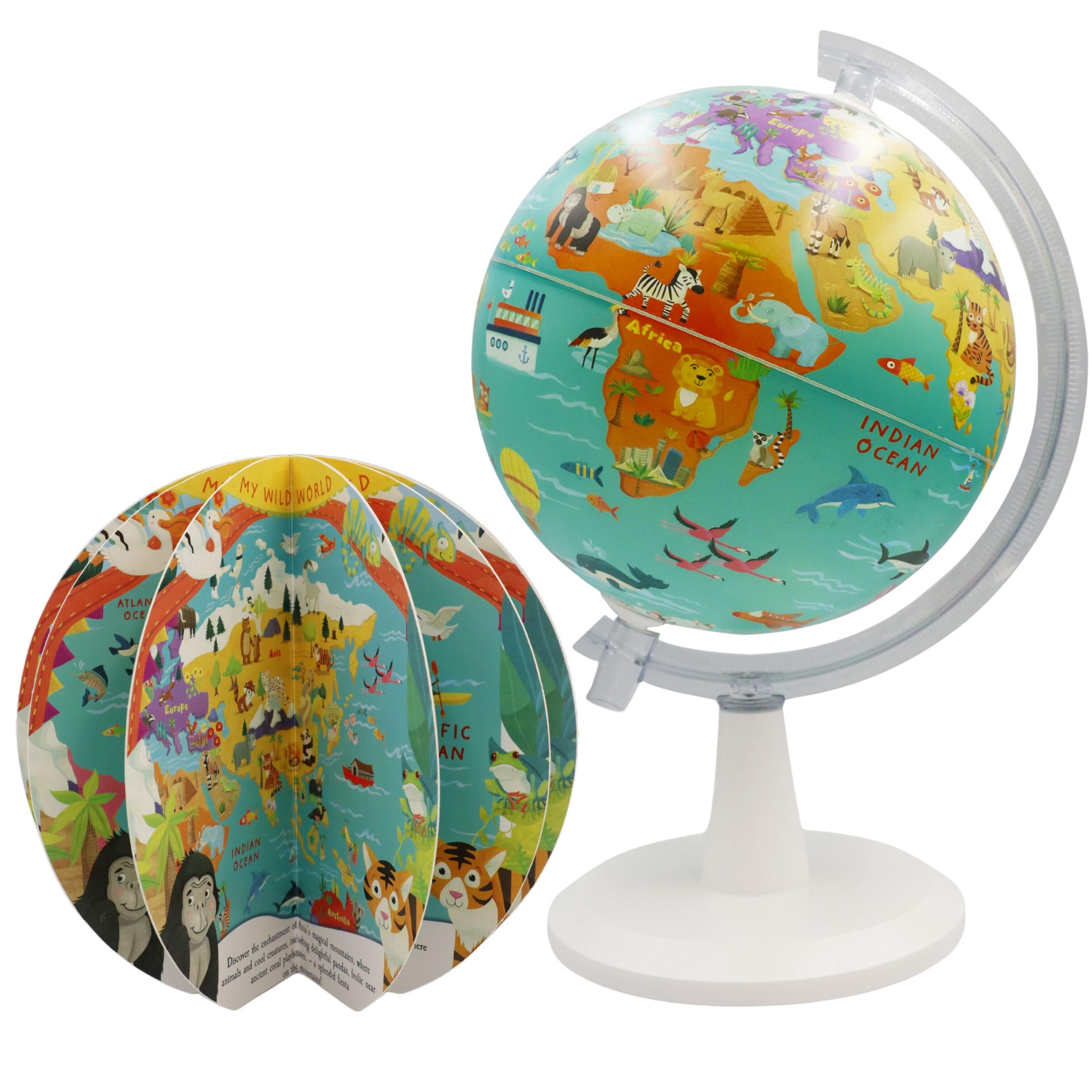 EXERZ 20cm Globe with a Book “My Wild World” 16-Page. Rotating, Spinning, Playing, Reading, Finding Out About Animals on Earth