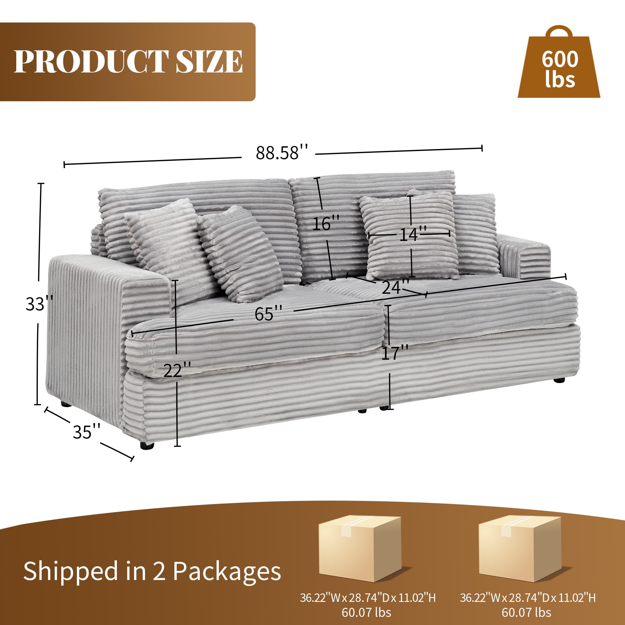 Condition photo showing New/Like New for keiki 79.3 inch sofa, corduroy 3 seater couch sofa with 4 pillows, corduroy sleeper couch for living