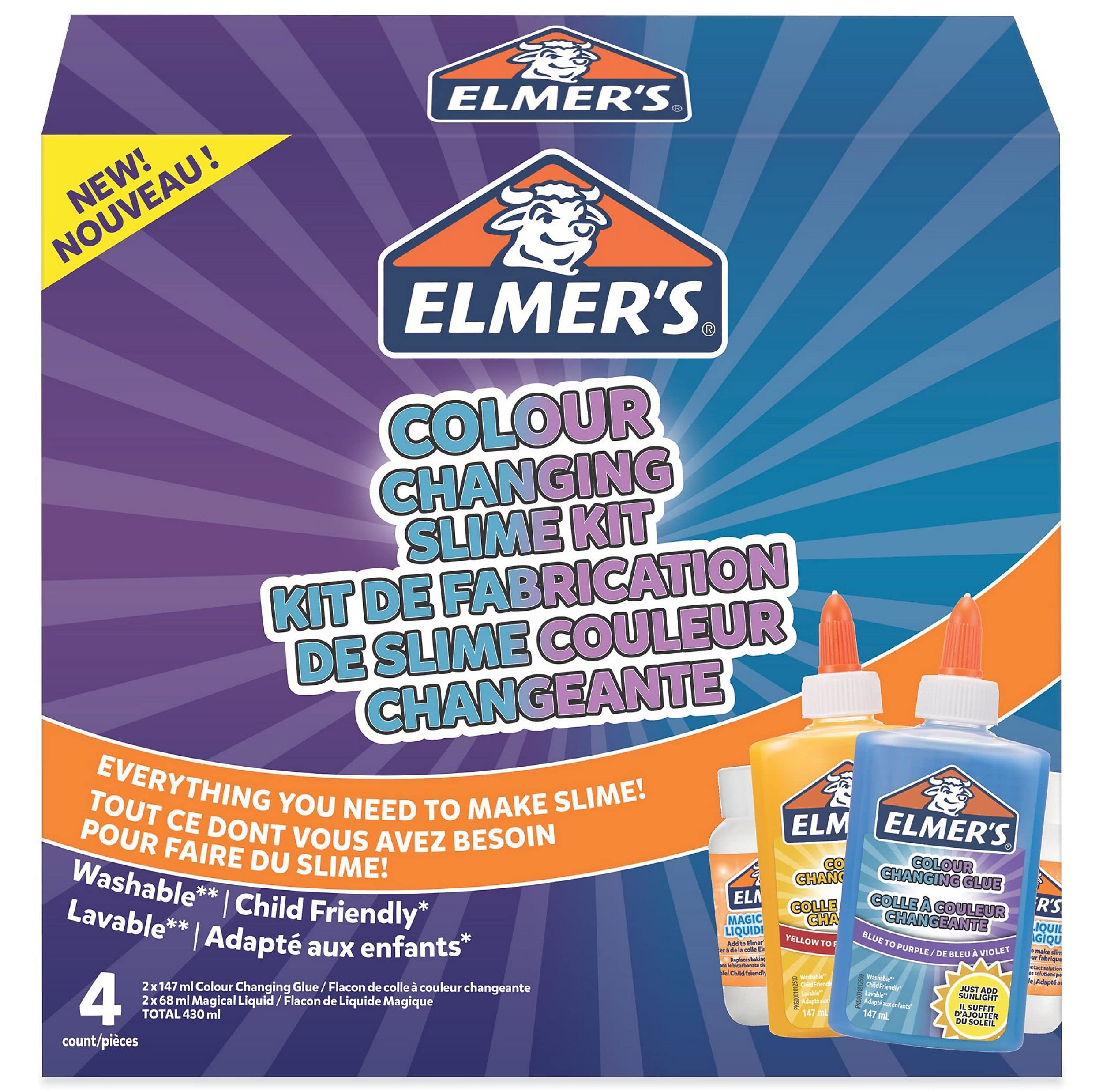 Elmer’s Colour Changing Slime Kit | Slime Supplies Include Colour Changing Glue & Magical Liquid Slime Activator | Activates with UV Light | Washable & Kid Friendly | 4 Count