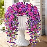 Artificial Hanging Flowers for Outdoors, 2 PCS UV Resistant Faux Silk 150 Morning Glory Each Trailing Vines, Fake Plants for Spring Outdoor Garden Planter Porch Patio Decoration, Fuchsia & LightPurple