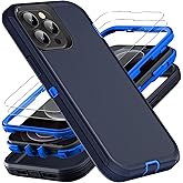 YKHJKLEC for iPhone 13 Pro Max Case, Military Grade 3 in 1 Heavy Duty Shockproof/Drop Proof/Dust Proof Case with 2Pcs Tempered Glass Screen Protector (Navy Blue)