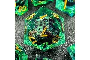 HAOMEJA Skull D&D Monster Resin Dice Set DND Skeleton 7 PCS Sharp Edges Dice with Gift Dragon Eye Bag Apply to Dungeons and Dragons Role Playing Game Gift (Skull A & Green)