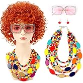 Cyyacen Women Roper Curly Orange Red Cosplay Wig with Necklace Earrings and Sunglasses for Women Hallween Costume Wig