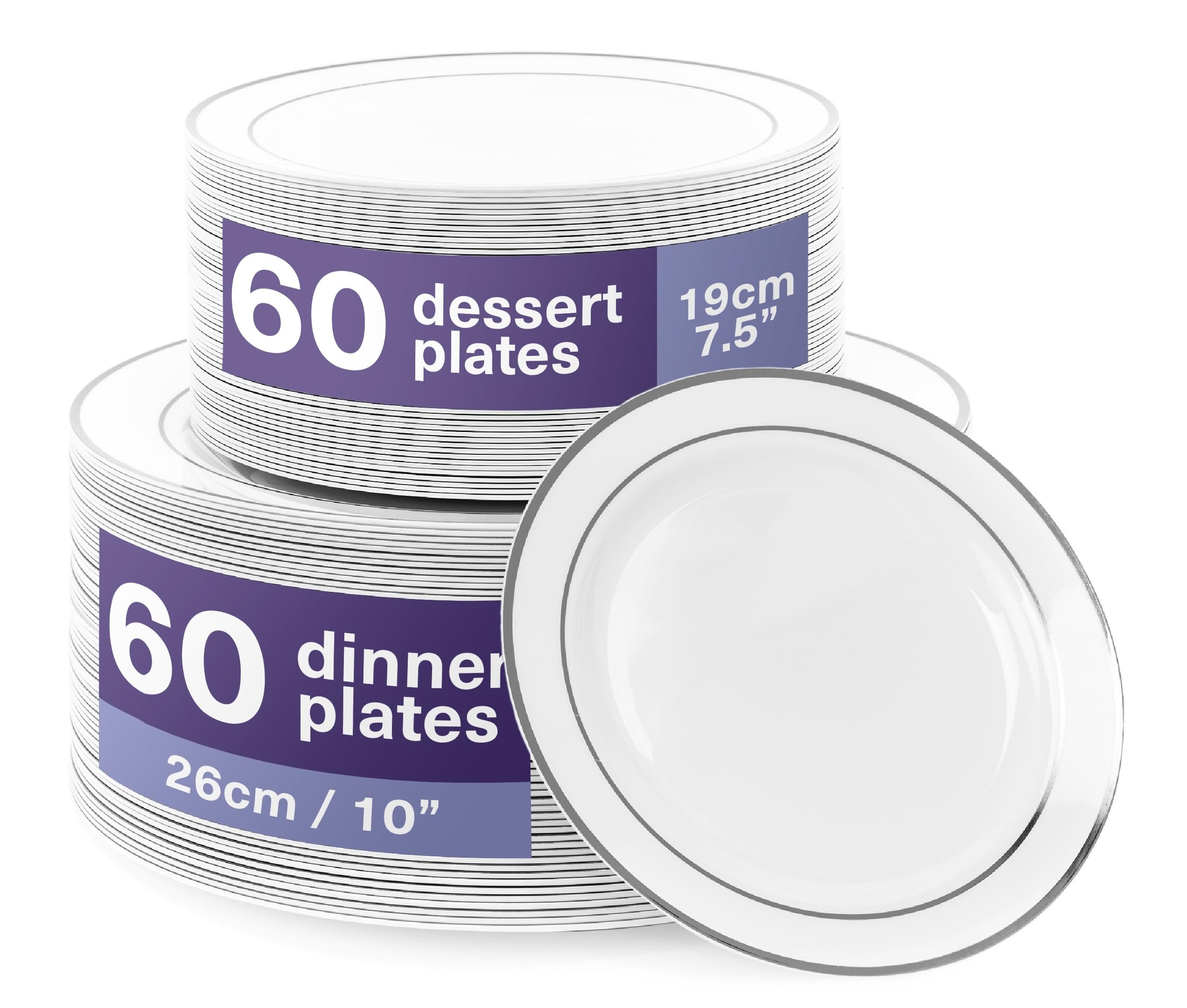MATANA 120 Premium White Plastic Plates with Silver Rim - 60 × 26cm Dinner & 60 × 19cm Dessert - Elegant, Unbreakable & Reusable Party Plates for Weddings, Birthdays, Christmas, Parties