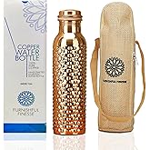 FURNISHFUL FINESSE Pure Copper Water Drinking Bottle with Lid and Carry Bag 34oz/1000 ml Leak Proof Vessel Natural Hammered B