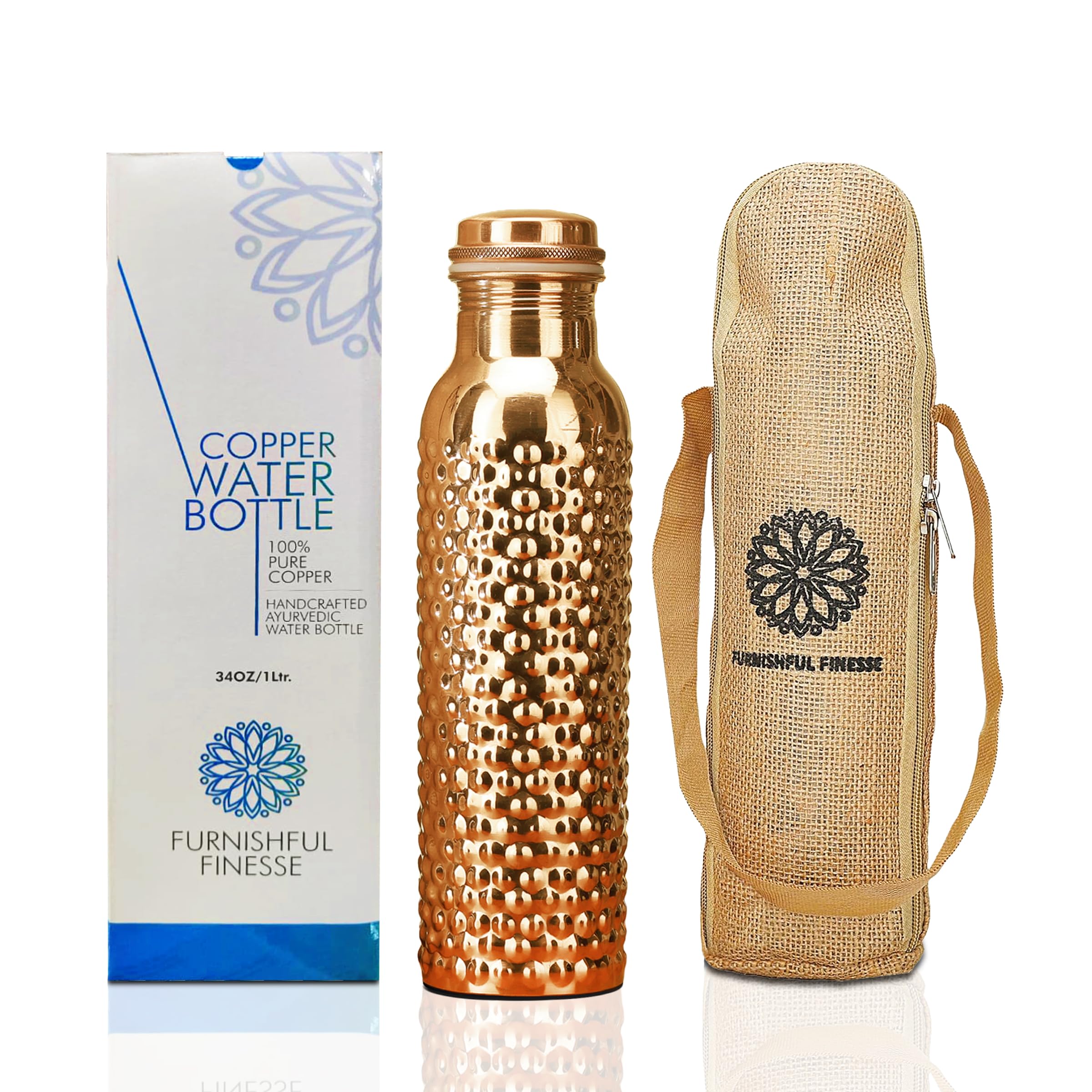 34 Oz Pure Copper Water Bottle With Ayurvedic Benefits Copper Bottle With Bag For Drinking Drink Leak Proof Lid Large Handcrafted Copper Water Vessel For Travel Gym Office Hiking Outdoor Yoga