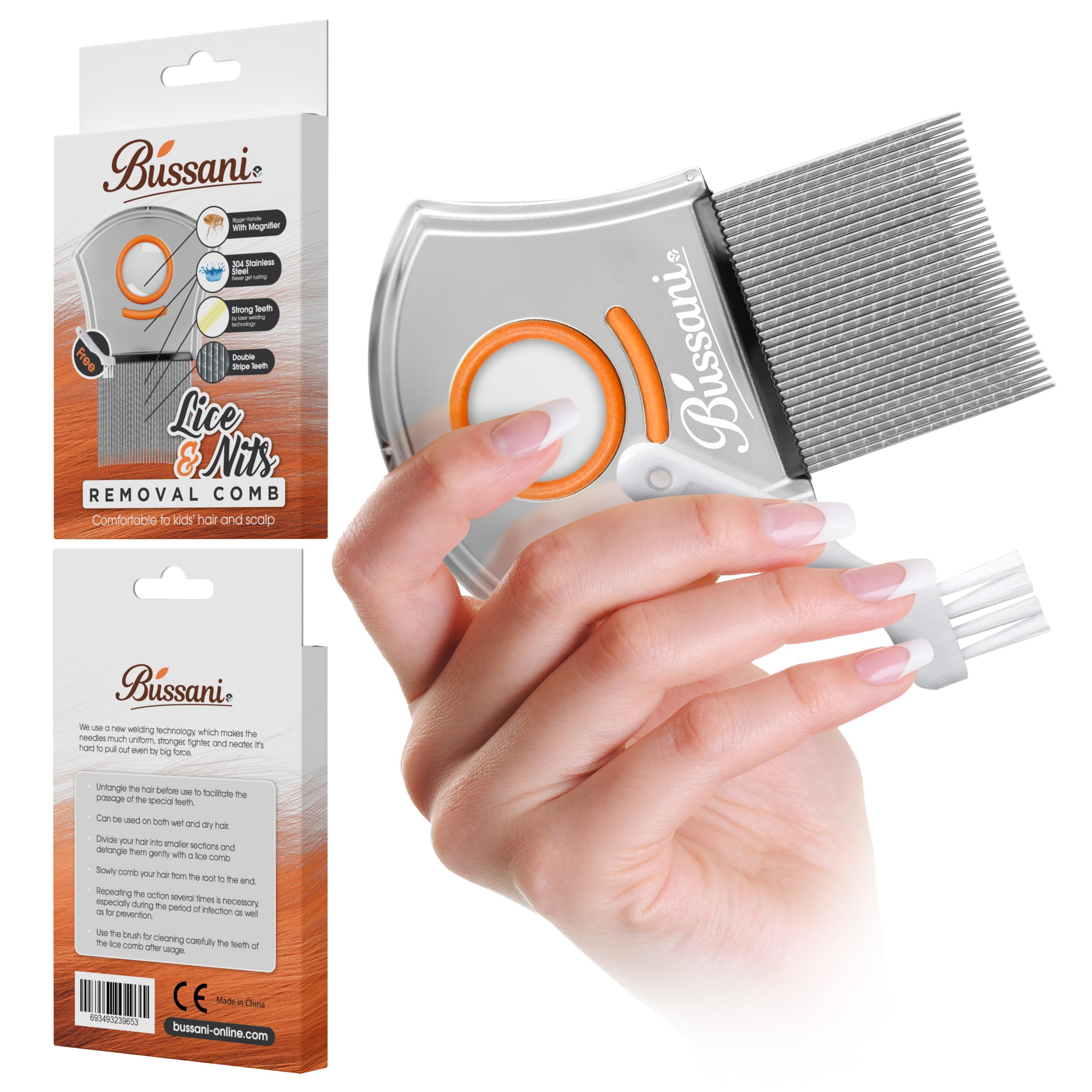 Stainless Steel Lice Comb for Kids, Adults & Pets – Bussani Nit Comb with Magnifier – Head Lice & Egg Removal – Rust-Free, Reusable, Gentle Fine-Tooth Design