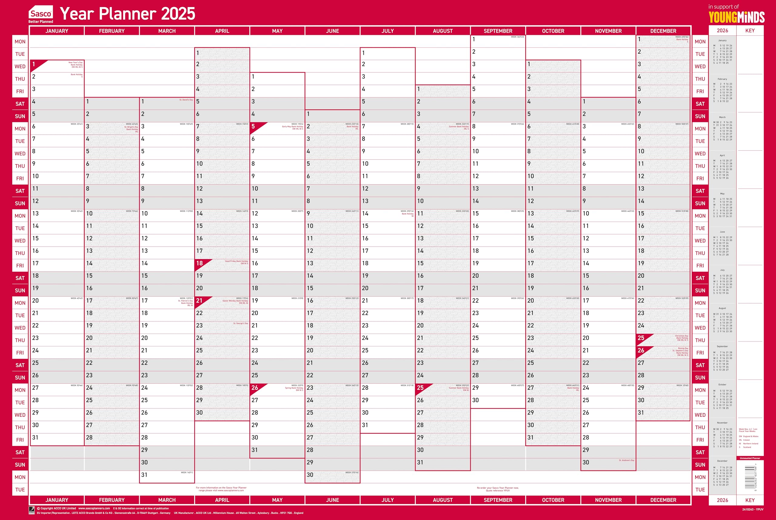 Sasco 2025 Vertical Yearly Wall Planner Set, Paper Whiteboard Poster Style Dry Erase Calendar, Large Wall Planner with Dry Erase Pen & Stickers, Wall Chart & Notice Board, Blue, 915 x 610mm, 2410243
