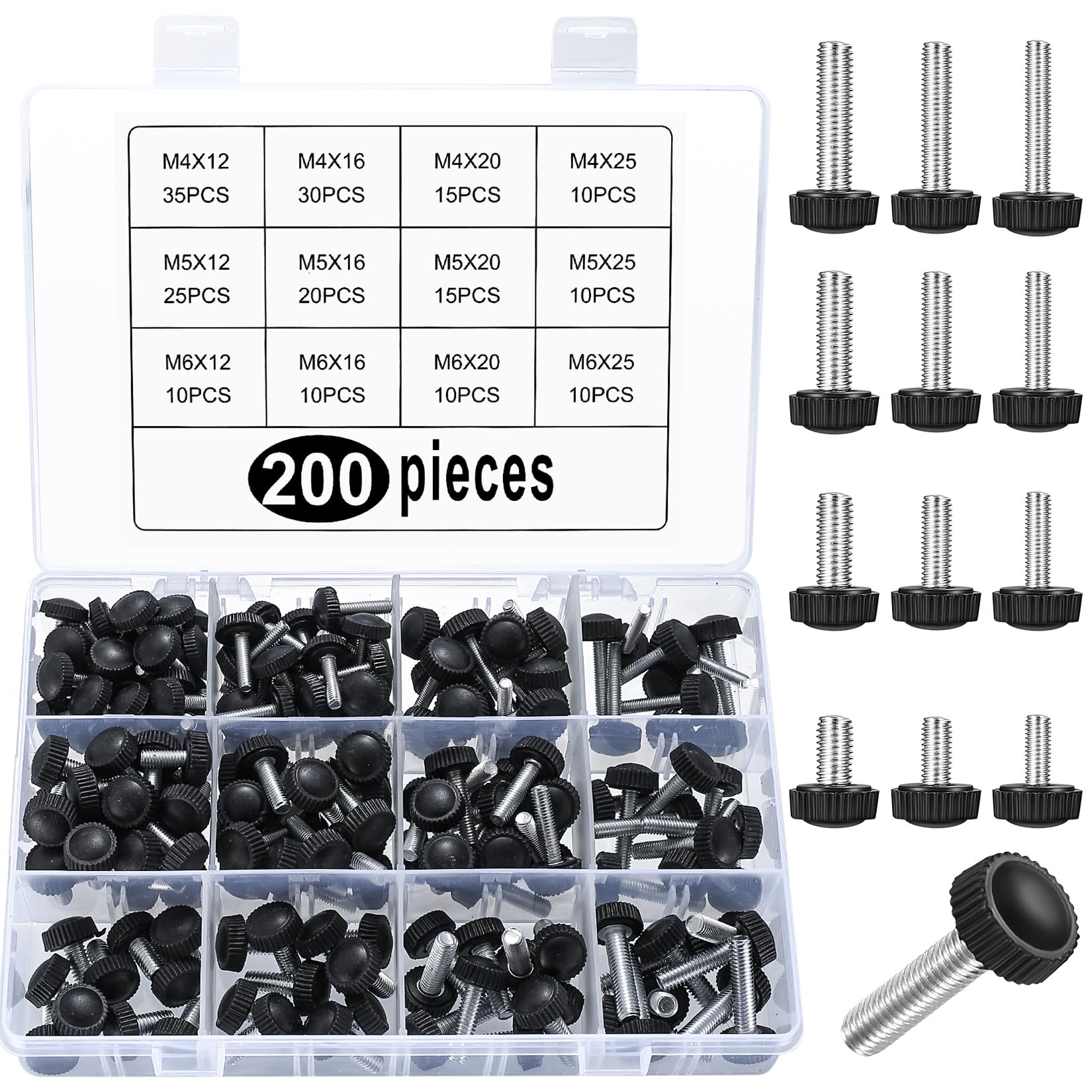 200 Pcs M4 M5 M6 Metric Knurled Flat Thumb Screws, Grip Clamping Knobs