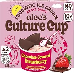 Alec's Culture Cup Chocolate Strawberry Probiotic Ice Cream, 4 Count | 140 calories, 10g sugar, live probiotics, crackable sh