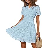 MEROKEETY Women's Spring Summer Lace Boho Dress 2026 Short Sleeve Eyelet Floral Ruffle A Line Vacation Beach Mini Dresses