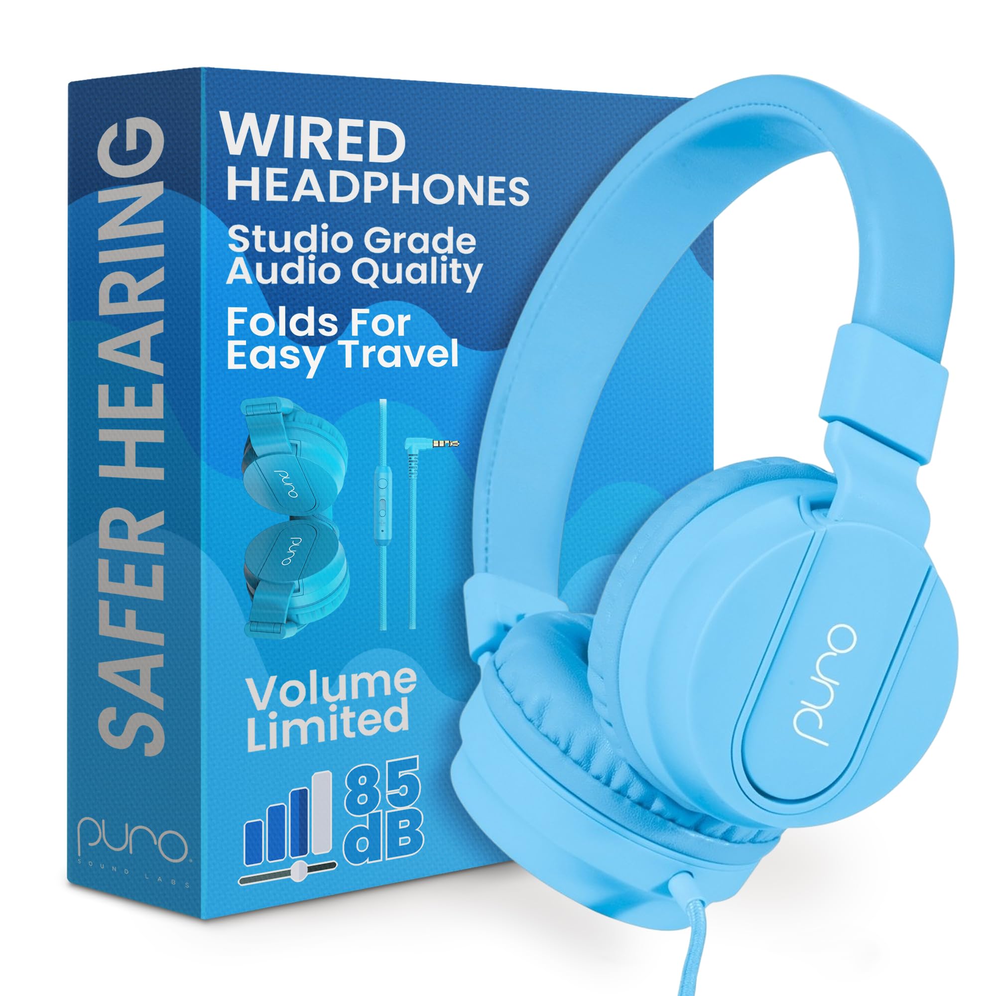 Puro Sound Labs PuroBasic Wired Headphones with Volume Limitation for Children, Foldable and Adjustable Headband with Microphone, Compatible with Smartphones, Tablets and PC (Blue)