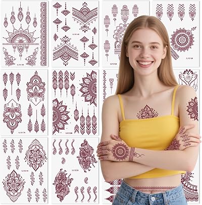 XMASIR 12 Sheets Brown Temporary Tattoos Women Men Lotus Mandala Waterproof