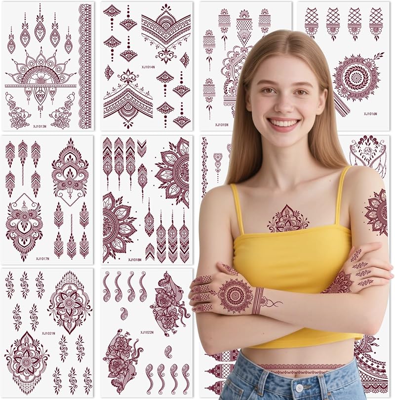 XMASIR 12 Sheets Brown Temporary Tattoos Women Men Lotus Mandala Waterproof