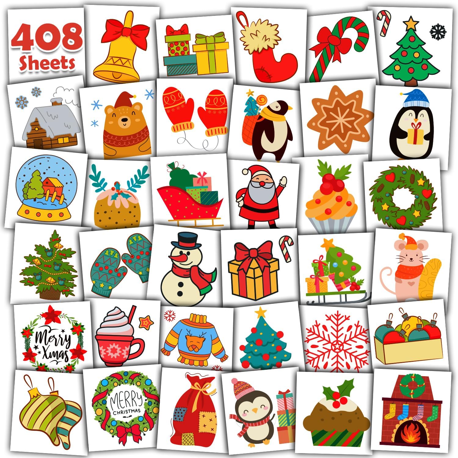 Leesgel Temporary Tattoos for Kids Christmas Decorations, 408 Sheets Individually Wrapped Xmas Tattoos Stickers for Merry Christmas Stocking Eve Box Fillers, Class Ideas Advent Calendar