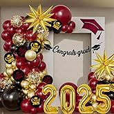 Graduation Balloon Arch Garland Kit 2025, 18" 10" Maroon Gold Balloons with Congrats Grad Banner 32" 2025 Foil Balloons for Class of 2025 Decorations High School College Graduation Decorations