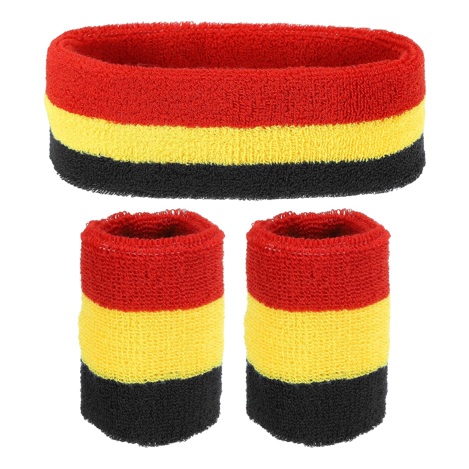 PATIKIL Sports Wristbands Headband Set, 7x8cm Cotton Terry Cloth Athletic Absorbent Sweatband 18x6cm Headband for Tennis Basketball Running, Yellow Black Red (1 Headband & 2 Wristbands)