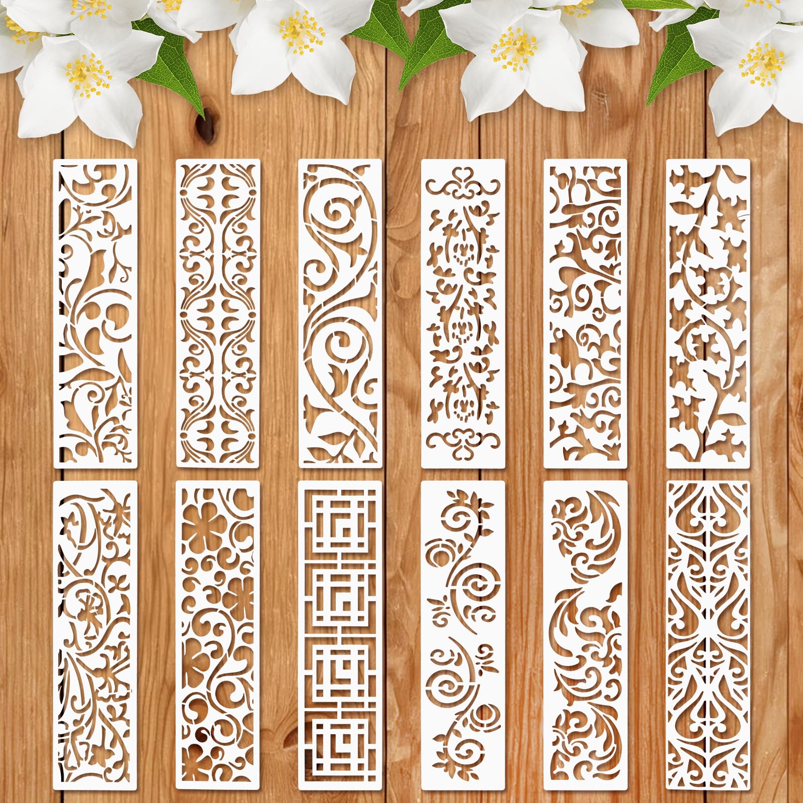 12 Pieces Border Leaf Stencil, Reusable Stencils for Furniture Painting, Cake Decorative Stencils for Wood Wall DIY Art Craft Canvas Fabric Home Decor