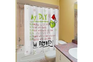 BROENO Christmas Shower Curtain and Ring Set, Green Shower Curtain with 12 Plastic Hooks for Bathroom Winter Holiday Xmas Decorations 72" x 72" (White3)