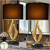 Sculptural Table Lamp Set of 2 with USB Ports For Living Room, Gold Leaf Finish Farmhouse Bedside Lamps with S Cluster Pull C