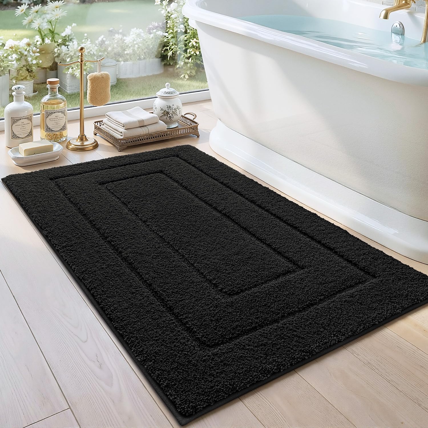 DEXI Bath Mat 60 x 110 cm, Extra Soft Absorbent Microfiber, Non-Slip Bathroom Mats, Machine Washable Rugs for Shower Floor, Black