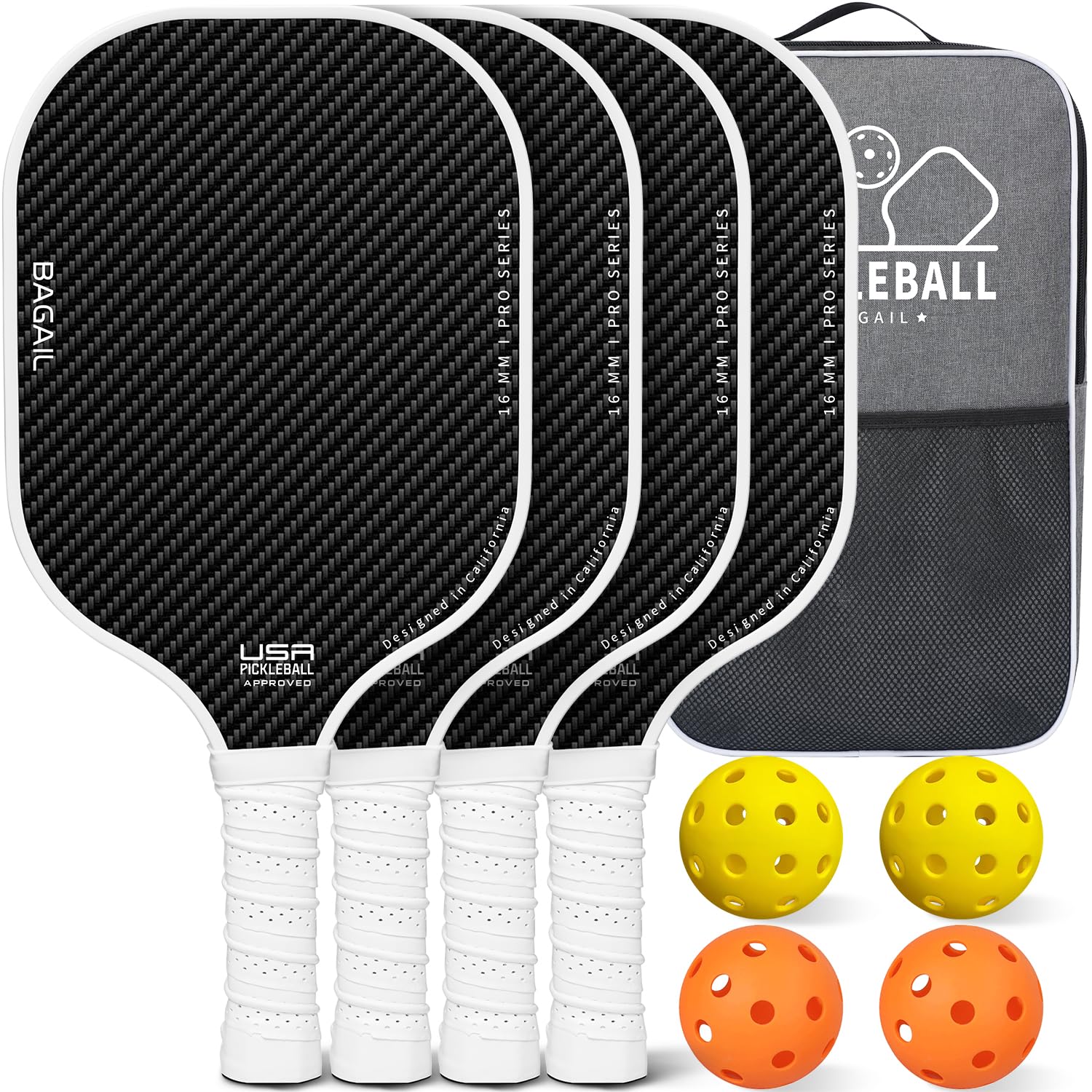 BAGAIL Pickleball Paddles, USAPA Approved Fiberglass Surface Pickleball Set, Lightweight Pickle Ball Rackets with 4 Balls, 1 Bag, Designed in California for Traction and Stability - 4 Pack, White Image