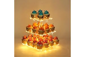 YestBuy 3 Tier Clear Square Cupcake Stand - Premium Cupcake Holder - Acrylic Cupcake Tower Display - Cady Bar Party Décor + L